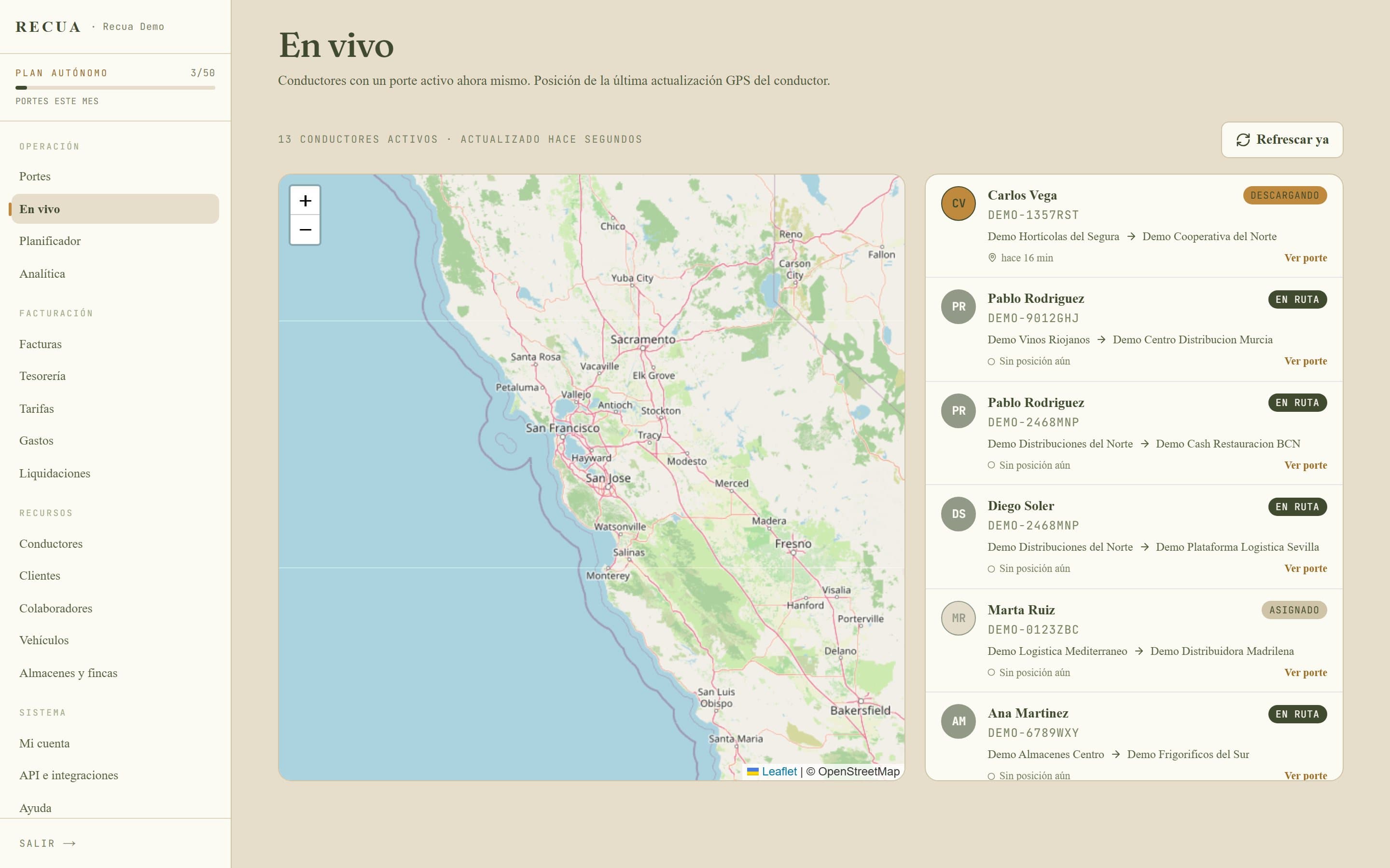 Mapa de seguimiento en vivo de Recua con los conductores activos repartidos por España