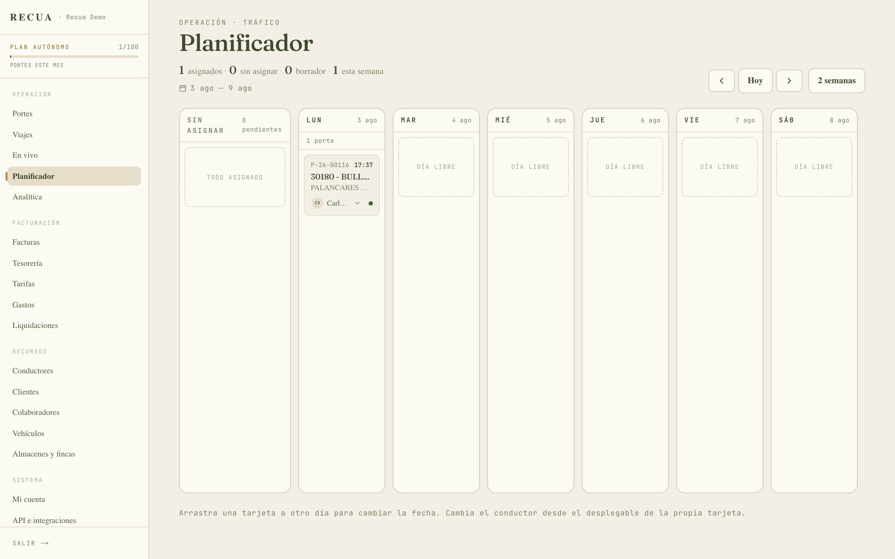 Planificador de Recua: columnas por día con tarjetas de portes y contador de carga diaria