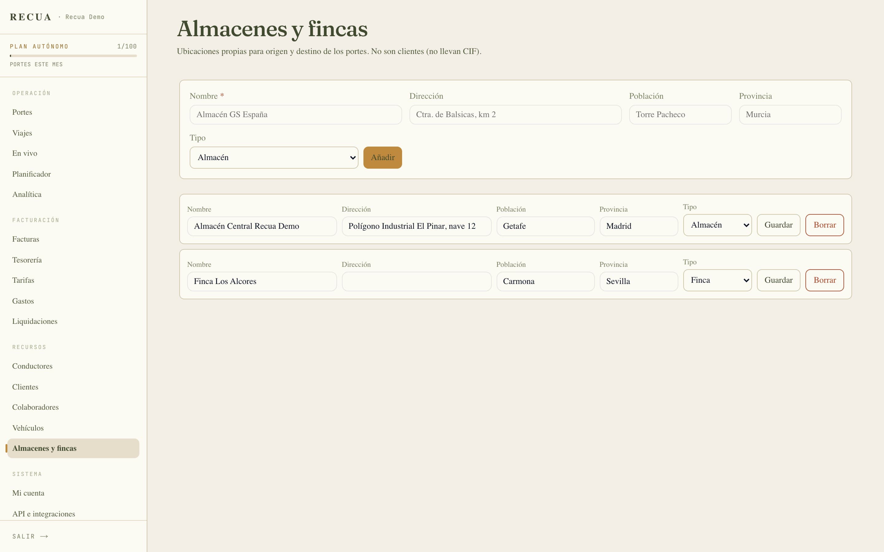 Panel de Almacenes y fincas en Recua con el formulario de alta y el listado de ubicaciones