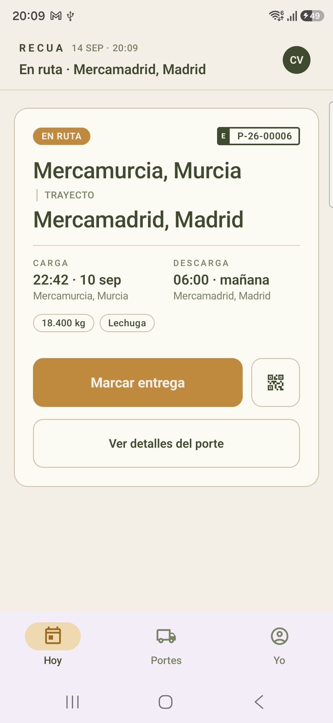 App Android de Recua: detalle del porte con navegación a carga y descarga y carta de porte en PDF