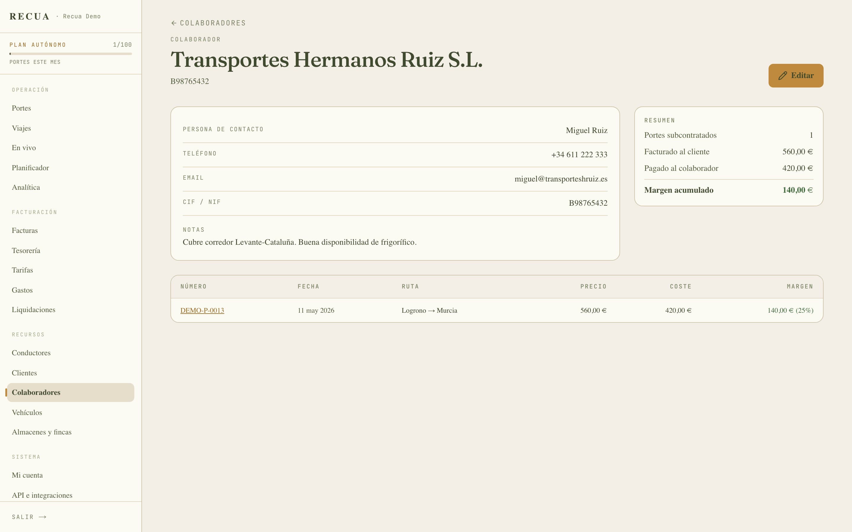 Ficha de un colaborador en Recua con el resumen económico y los portes subcontratados