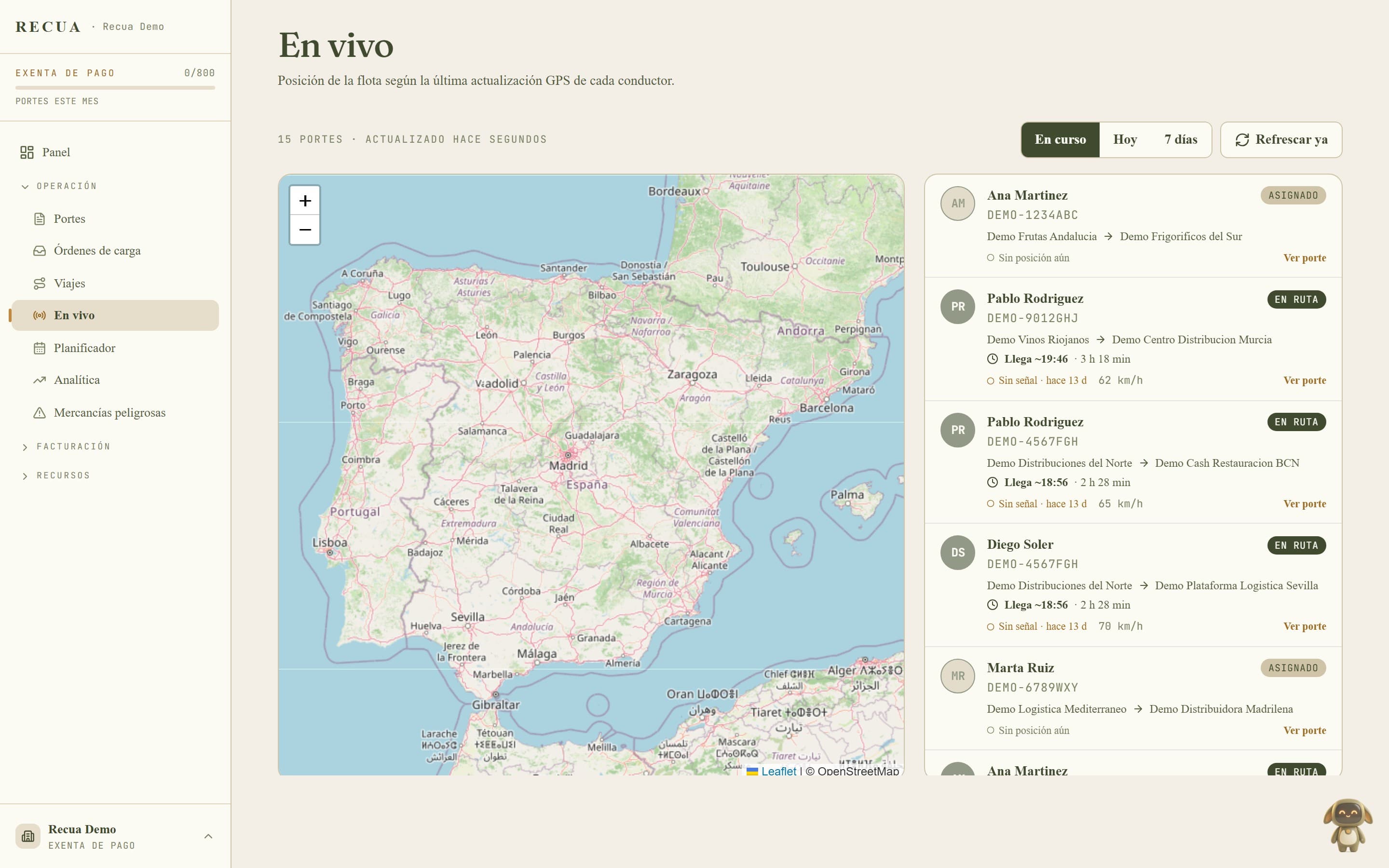 Mapa de En vivo en Recua con la posición de la flota y la lista de conductores en ruta