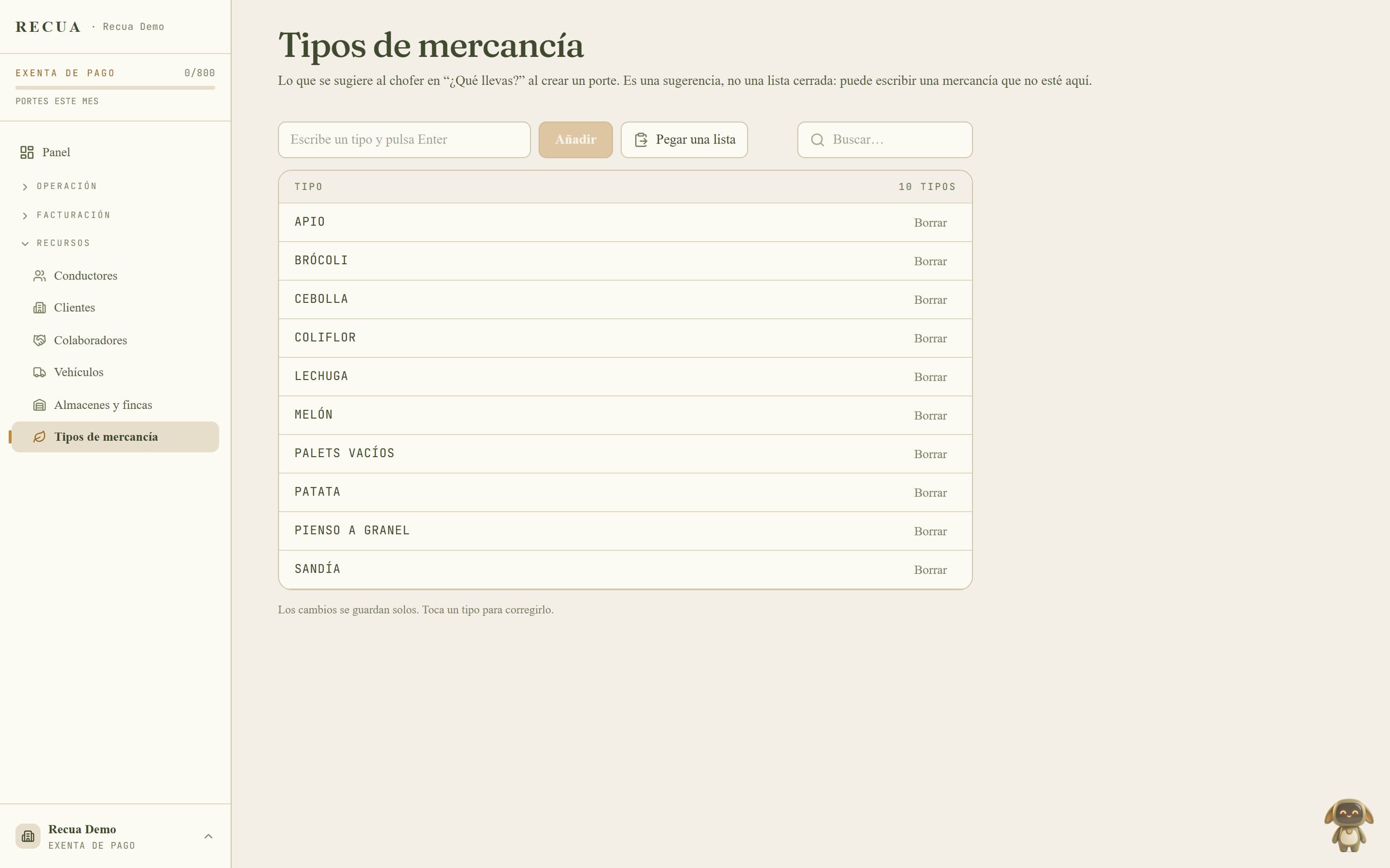 Panel de Tipos de mercancía en Recua con el campo de alta, el buscador y el listado de tipos