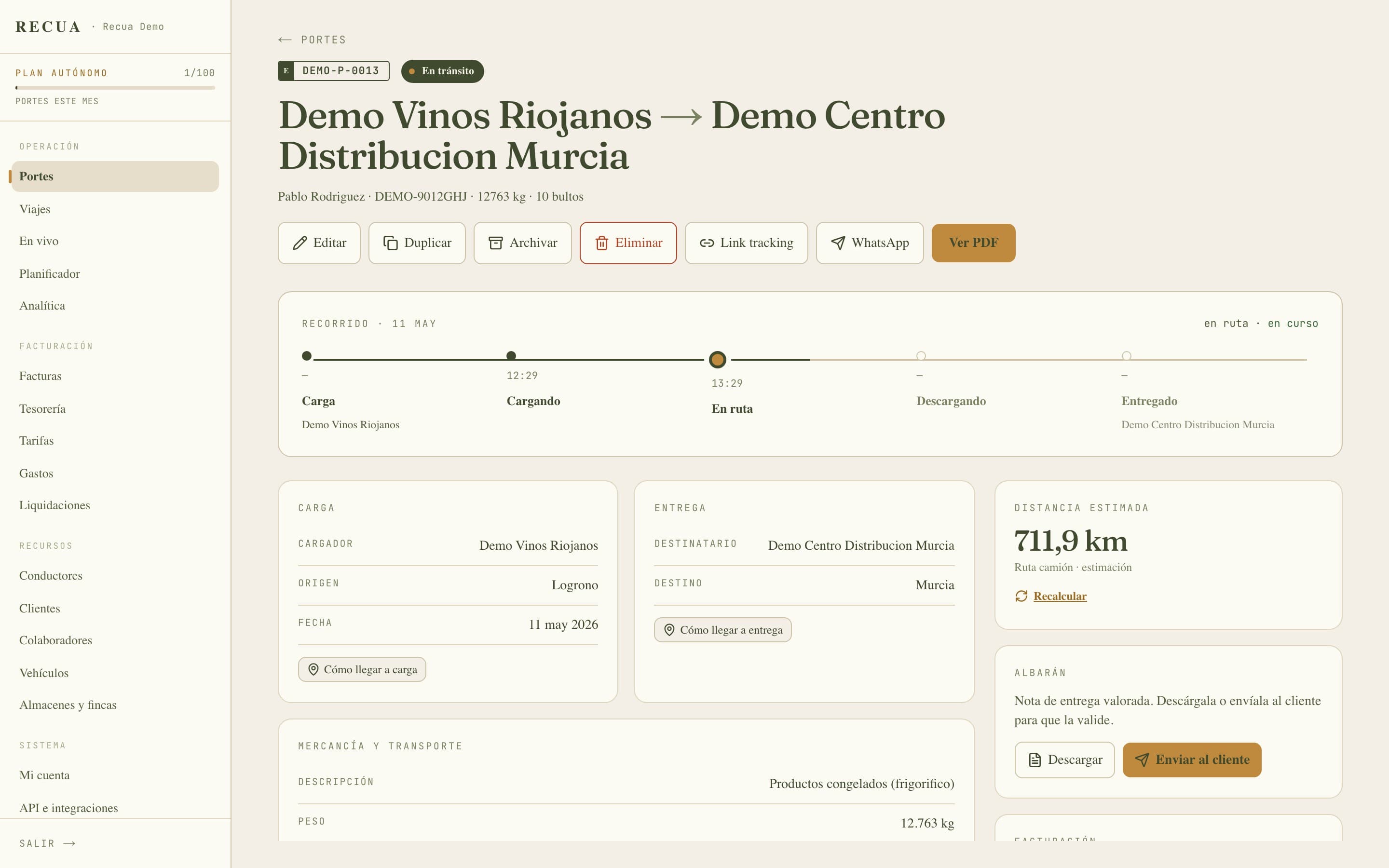 Tarjeta de Subcontratación en el detalle de un porte, con colaborador, precio, coste y margen