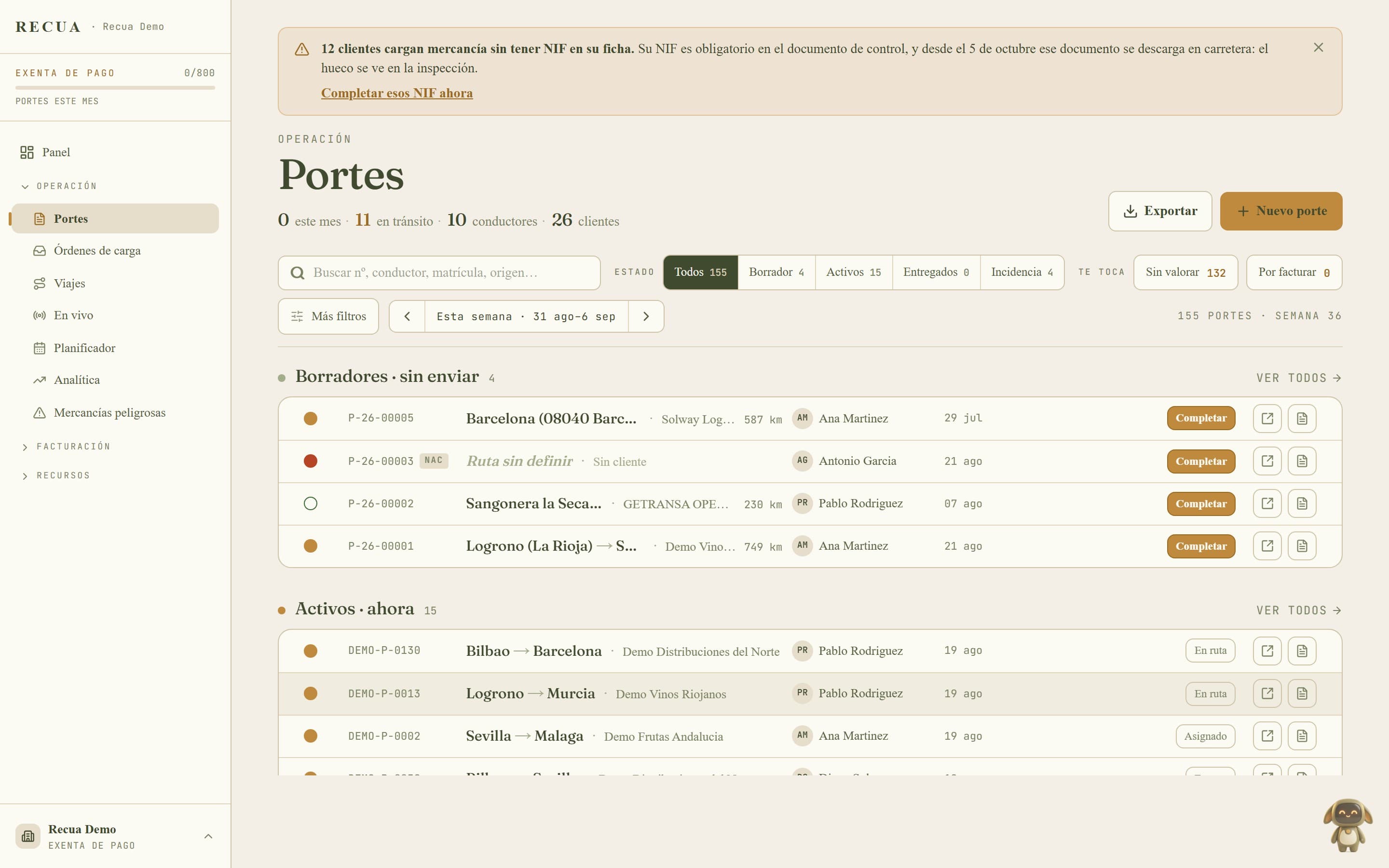 Tarjeta de Subcontratación en el detalle de un porte, con colaborador, precio, coste y margen