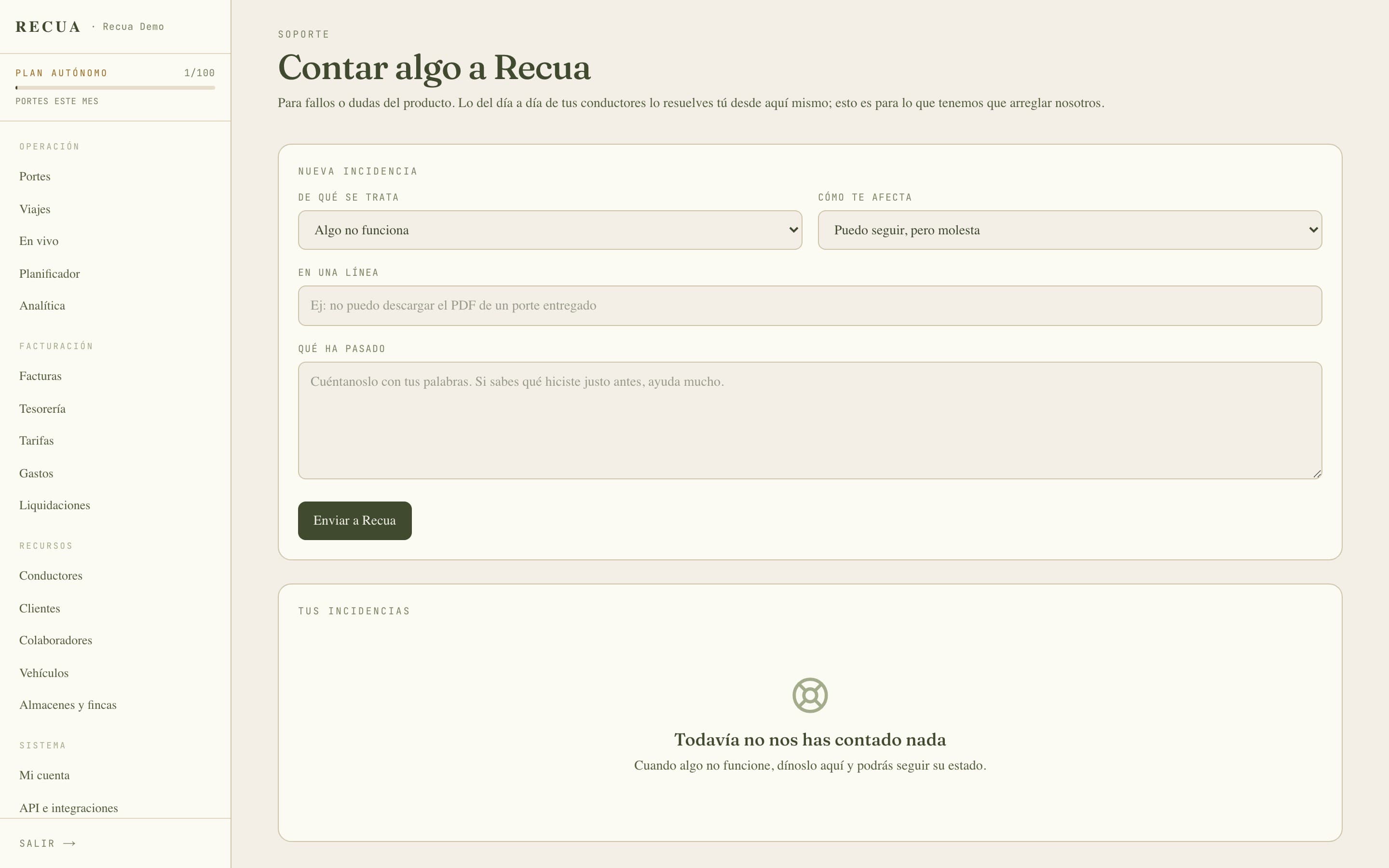 Pantalla de Soporte en Recua con el formulario para reportar una incidencia