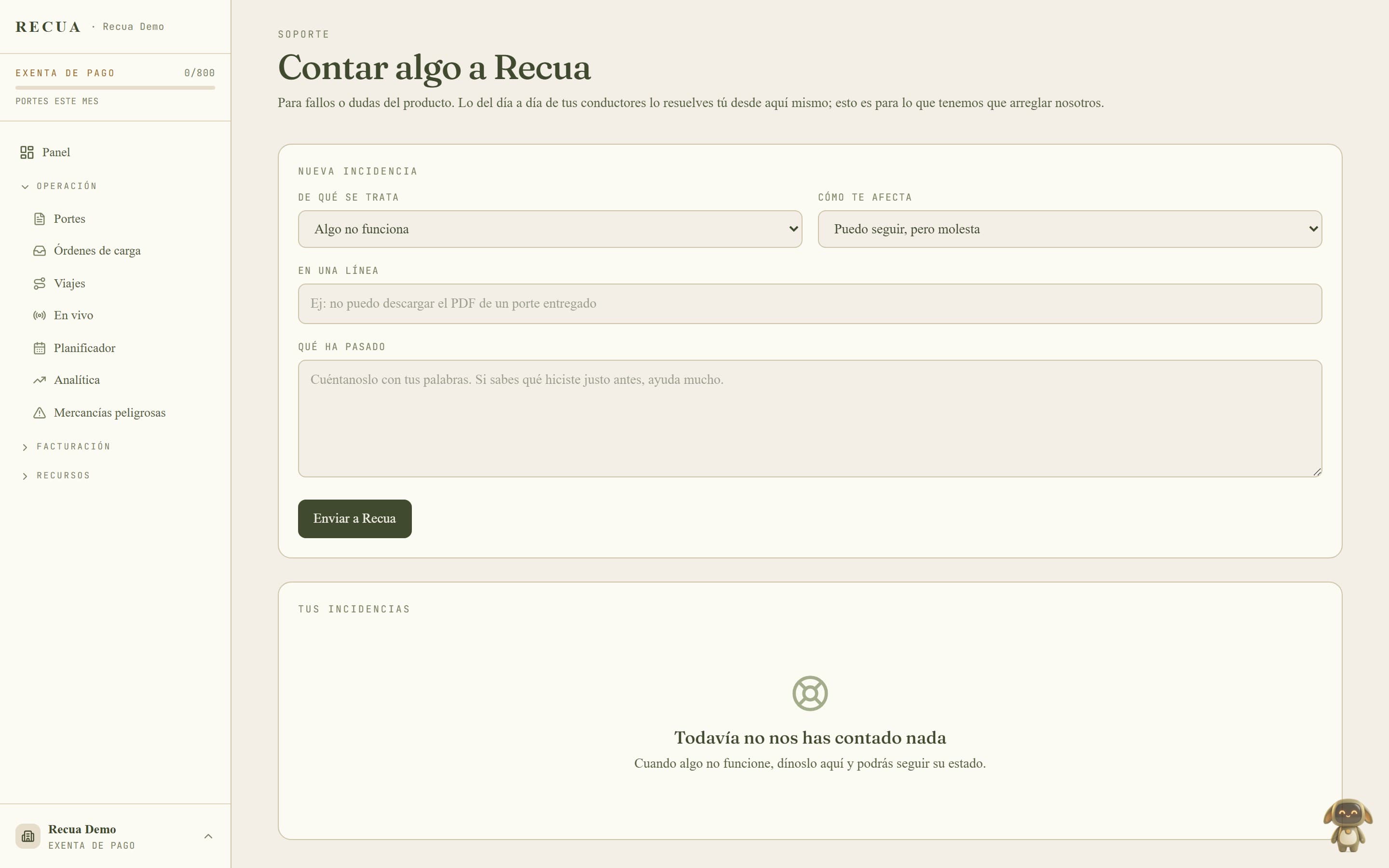 Pantalla de Soporte en Recua con el formulario para reportar una incidencia